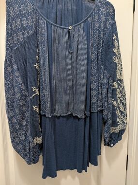Free People Blue Mixed-Pattern Peasant Blouse